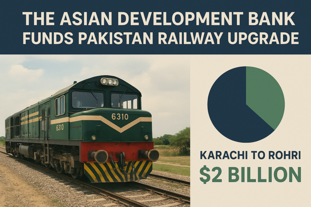 ADB funding Pakistan railway upgrades, with visuals of trains, railway tracks, and financial growth symbols.