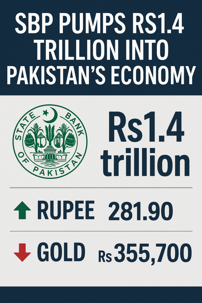 "Digital news graphic showing Pakistan's financial market trends, highlighting SBP's Rs1.4 trillion liquidity injection, rising Pakistani rupee value, and declining gold prices."