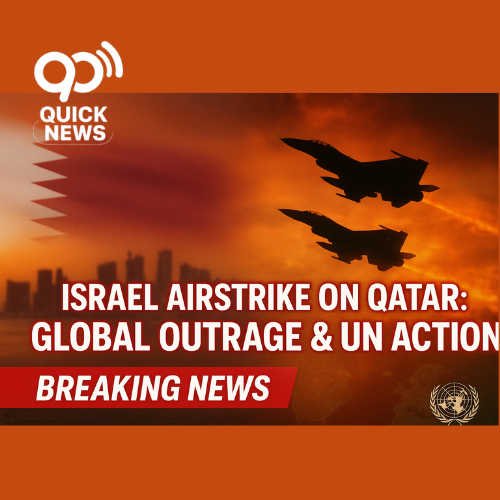 Digital news thumbnail showing bold headline about Israel’s airstrike on Qatar, featuring blurred Middle Eastern cityscape background, red and white breaking news banner, a gavel icon symbolizing justice, and a subtle Palestinian flag element for context.