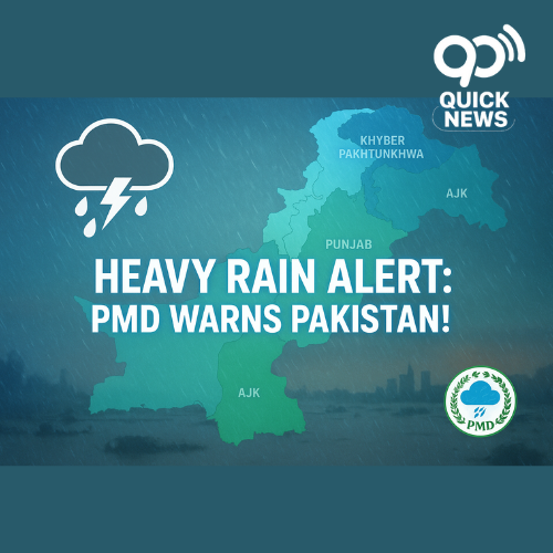 Digital weather alert graphic of Pakistan map highlighting Khyber Pakhtunkhwa, Punjab, AJK, and Gilgit-Baltistan, with storm clouds, rain and lightning icons, and bold text reading ‘Heavy Rain Alert: PMD Warns Pakistan!’ in white and blue tones, conveying urgency about upcoming rainfall