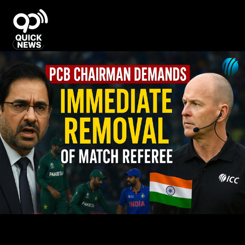 Breaking cricket news: PCB chairman Mohsin Naqvi demands the immediate removal of match referee Andy Pycroft after the India vs Pakistan Asia Cup 2025 clash. The graphic shows a split-screen with tense cricket match visuals, Pakistan and India flags, and an ICC reference, highlighting the controversy over sportsmanship and match officiating.