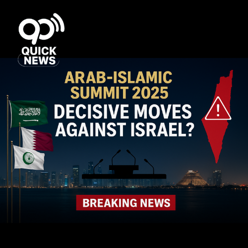 Digital news graphic showcasing the Arab-Islamic Summit in Doha, with a blurred Sheraton Hotel background, Arab leaders’ silhouettes, and bold headline text emphasizing decisive measures against Israel, using deep green, gold, and red for urgency and authority.