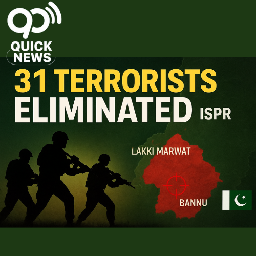 Breaking news graphic showing Pakistan security forces’ successful operations in Khyber Pakhtunkhwa, highlighting the elimination of 31 terrorists in Lakki Marwat and Bannu, with bold red ‘Breaking News’ text and a dramatic dark background to emphasize urgency and importance