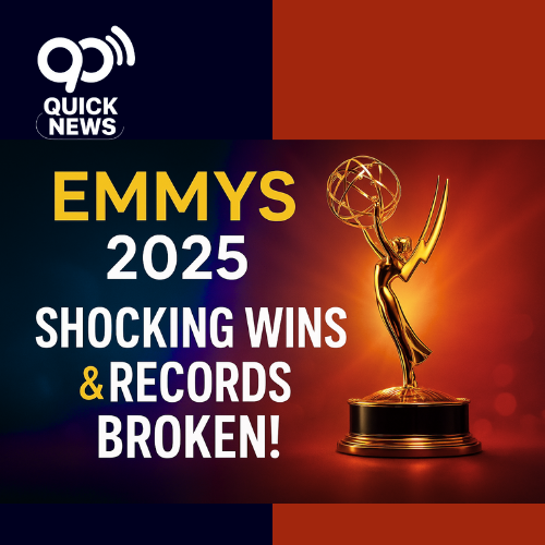 Emmys 2025 winners announced – promotional graphic showing dramatic spotlight on an Emmy Award trophy with bold text ‘Adolescence Sweeps 2025 Emmys’ and vibrant Hollywood-inspired background.