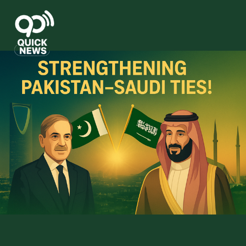Digital news thumbnail showing Prime Minister Shehbaz Sharif meeting Saudi Crown Prince Mohammed bin Salman in Riyadh, symbolizing strong Pakistan–Saudi Arabia relations and bilateral cooperation.