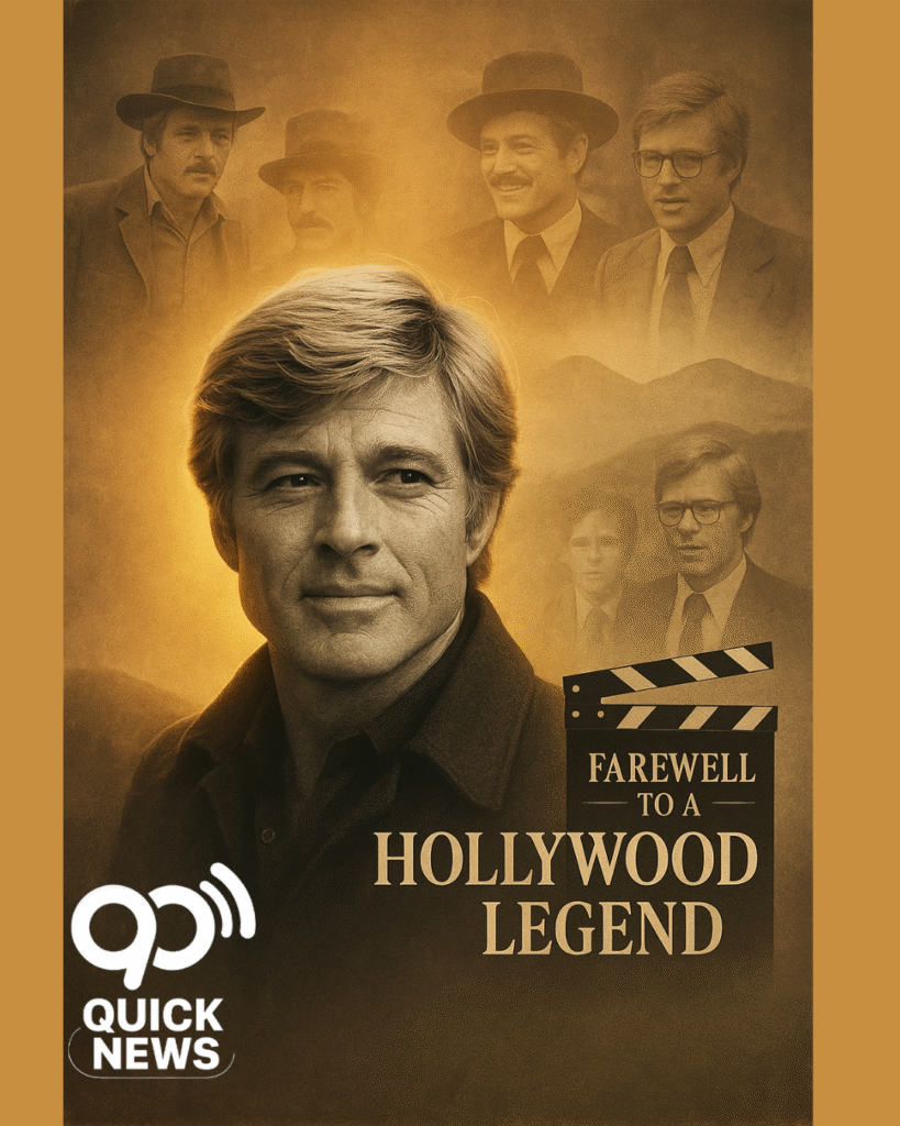 A cinematic tribute image of Hollywood legend Robert Redford, featuring a black-and-white portrait with a warm golden glow. Faded stills from his iconic films—Butch Cassidy and The Sundance Kid, The Sting, and All the President’s Men—are arranged in the background. A film reel and clapperboard graphic in one corner reads ‘Farewell to a Hollywood Legend,’ with a soft mountainous backdrop symbolizing Sundance and his enduring legacy.
