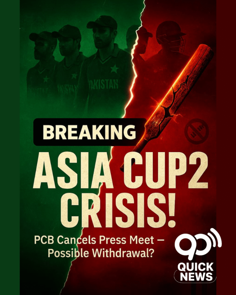 Digital thumbnail showing Pakistan cricket team on one side and Asia Cup 2025 branding on the other, with a cracked cricket ball in the center and bold text reading ‘Asia Cup 2025 Crisis – PCB Cancels Press Meet, Possible Withdrawal,’ symbolizing tension and controversy
