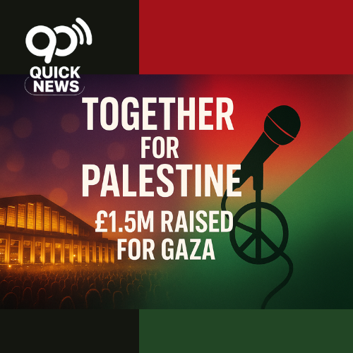 Vibrant digital thumbnail showing Wembley Arena lit at night with cheering crowds on one side and soft gradients of the Palestinian flag colors on the other, featuring a raised microphone silhouette and bold text reading ‘Together for Palestine – £1.5M Raised for Gaza,’ symbolizing music, activism, and solidarity