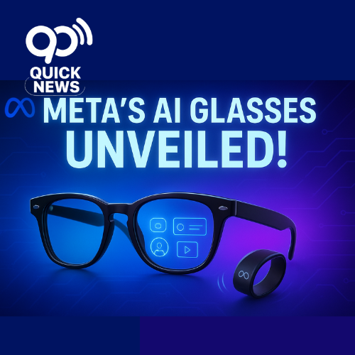 “Futuristic digital thumbnail featuring Meta’s new AI-powered Ray-Ban style smart glasses with a glowing display lens, holographic interface icons, and a neural wristband, set against a sleek blue and purple gradient background with Meta’s infinity logo faintly visible and bold text reading ‘Meta’s AI Glasses Unveiled.’”