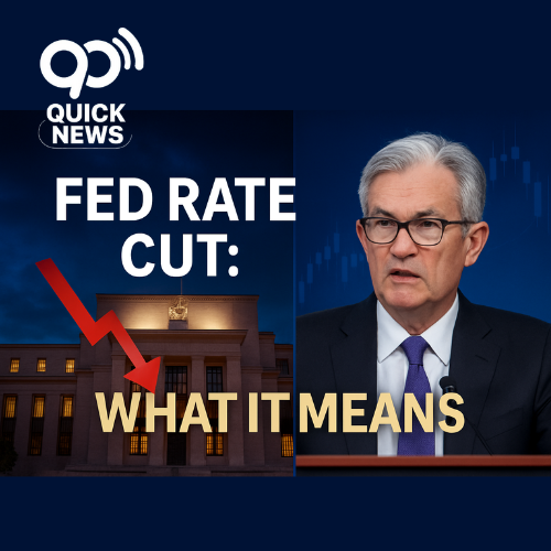 Digital thumbnail featuring the U.S. Federal Reserve building with a downward red arrow, Jerome Powell speaking at a podium, and subtle stock market charts in the background, symbolizing the Fed’s interest rate cut and its economic impact.”