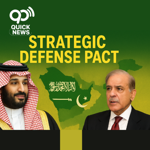 Saudi Arabia and Pakistan flags blended in a powerful handshake over a glowing Middle East map, symbolizing their new Strategic Mutual Defense Agreement and regional security partnership."