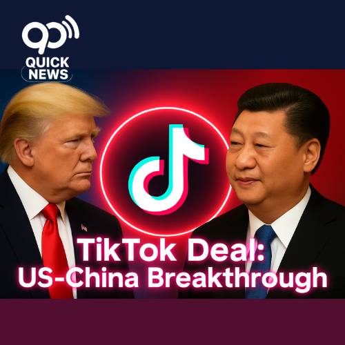 Donald Trump and Xi Jinping facing each other with a glowing TikTok logo between them, symbolizing a potential US-China agreement on TikTok’s future operations and global tech impact."