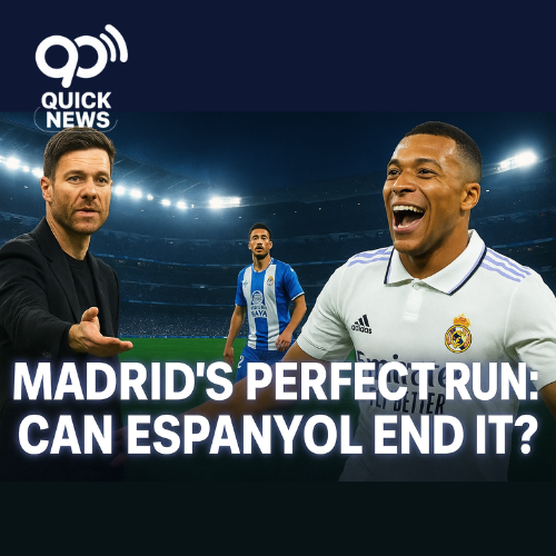 “A dramatic football-themed thumbnail showing Real Madrid’s Santiago Bernabéu stadium under bright lights, Xabi Alonso gesturing confidently on the left, Kylian Mbappé celebrating a goal on the right, and an Espanyol player faintly in the background. Bold white neon-glow text reads: ‘Madrid’s Perfect Run: Can Espanyol End It?’ with a small La Liga logo in the corner.”