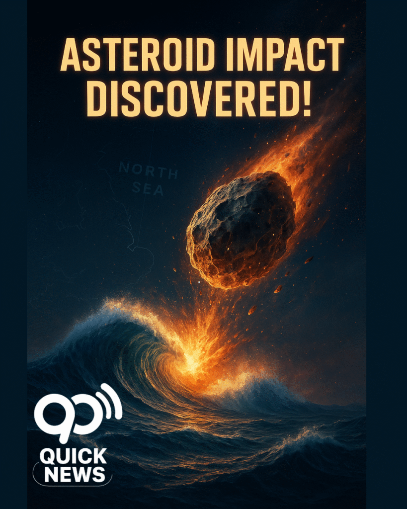 “Digital artwork showing an asteroid crashing into the North Sea millions of years ago, creating a huge tsunami and forming the Silverpit Crater beneath the seabed.”