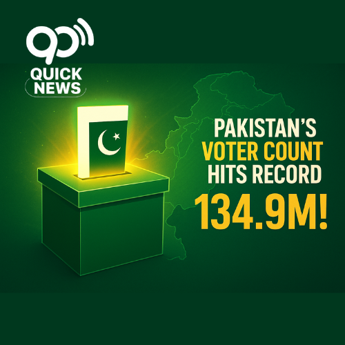 “Digital graphic showing a glowing Pakistan ballot box with the national flag and map, highlighting record voter count of 134.9 million ahead of Pakistan’s general elections.”