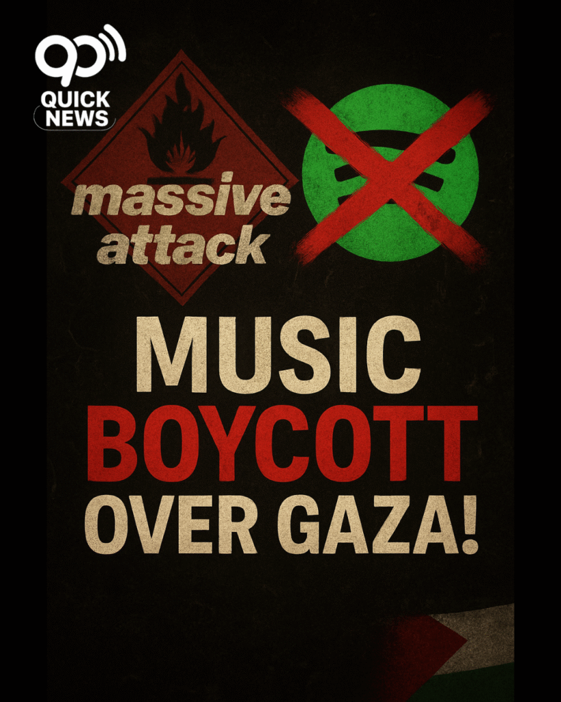 “Graphic featuring Massive Attack’s logo crossed out alongside the Spotify logo, with a Palestinian flag accent and bold text reading ‘Music Boycott Over Gaza!’ on a dark, grungy background with broken music notes.”