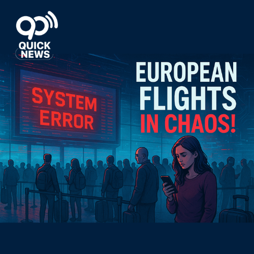 Catchy Thumbnail Image Idea: Create a dramatic digital illustration of a crowded airport terminal with passengers waiting in long lines, some holding luggage and checking phones anxiously. In the background, show a large digital departure board with “SYSTEM ERROR” flashing in bold red letters. Overlay subtle glitch effects and circuit patterns to symbolize the cyber-attack. Use a cool blue-and-red color palette to convey urgency and tech disruption. Add bold, modern text like: “European Flights in Chaos!” for maximum impact.