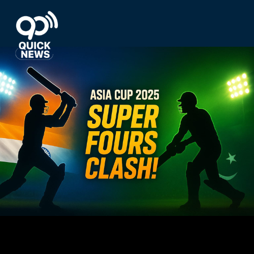 A dramatic cricket-themed graphic showing India and Pakistan players facing off under glowing stadium lights at the Dubai International Cricket Stadium. National flags of India and Pakistan wave in the background with cheering fans. Bold text reads: ‘Asia Cup 2025: India vs Pakistan – Super Fours Showdown!’ in vibrant blue, green, and orange, symbolizing the excitement of the fierce cricket rivalry."