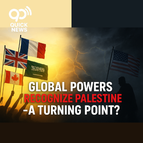 A powerful digital illustration split into two contrasting scenes: on the left, the flags of France, Britain, Canada, and Saudi Arabia rise against a glowing sunrise, symbolizing recognition of Palestine and hope; on the right, the shadowy silhouettes of Israel and U.S. flags stand under a stormy, dark sky, representing opposition. A subtle Middle East map with glowing borders around Palestine is faintly visible in the background. Bold headline text reads: “Global Powers Recognize Palestine – A Turning Point?” in striking red, white, and green.