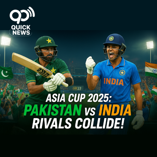 A dramatic cricket stadium under bright Dubai lights, split-screen style: on one side, Pakistani batsman Fakhar Zaman mid-swing with determination; on the other, Indian opener Shubman Gill celebrating a boundary. Include cheering crowds waving Pakistan and India flags in the background, with a scoreboard hinting at a tense Super 4 clash. Use bold headline text like “Asia Cup 2025: Pakistan vs India – Rivals Collide!” in vibrant green and orange for maximum impact and excitement.