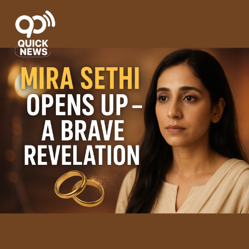 A tasteful digital thumbnail featuring Pakistani actress and writer Mira Sethi in a soft, elegant portrait. She appears reflective, with a blurred background suggesting a podcast microphone and subtle text overlay: “Mira Sethi Opens Up About Divorce” in classy white and gold typography. The design uses warm, muted tones to convey sensitivity and emotional depth.
