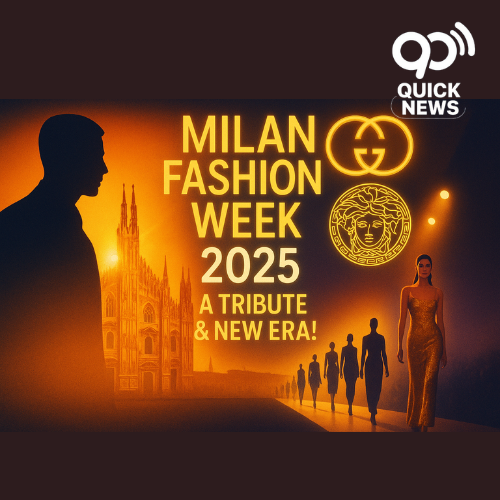 A glamorous digital collage representing Milan Fashion Week 2025: Giorgio Armani’s silhouette fades into a golden sunset, while Gucci’s double-G logo and Versace’s Medusa emblem glow in neon. The Milan city skyline with the Duomo sparkles softly in the background. Fashion models walk a runway under bright spotlights, with gold and white text reading ‘Milan Fashion Week 2025 – A Tribute & New Era!’ creating a luxurious, high-fashion vibe.”