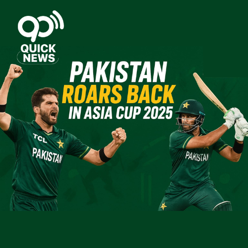 Shaheen Afridi celebrates a wicket while Mohammad Nawaz plays a big shot, with bold text reading “Pakistan Roars Back in Asia Cup 2025” on a green background featuring the Asia Cup 2025 logo.