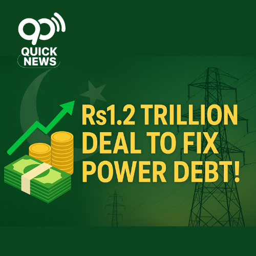 “Pakistan government signs historic Rs1.2 trillion financing deal with 18 banks to resolve circular debt crisis in the power sector, symbolized by currency stacks and electricity transmission towers.”