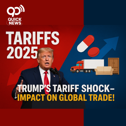 "Donald Trump announces new tariffs on pharmaceuticals, trucks, and furniture – global trade impact visual with medicine capsules, heavy trucks, and furniture icons."