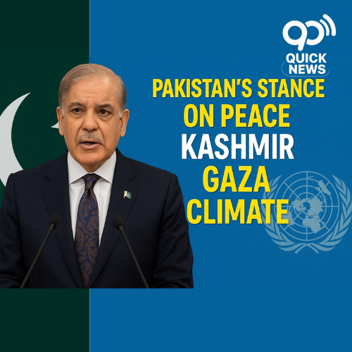 Prime Minister Shehbaz Sharif addressing the UN General Assembly 2025, with the Pakistani flag and UN logo in the background, highlighting Pakistan’s stance on peace, Kashmir, Gaza, and climate change.