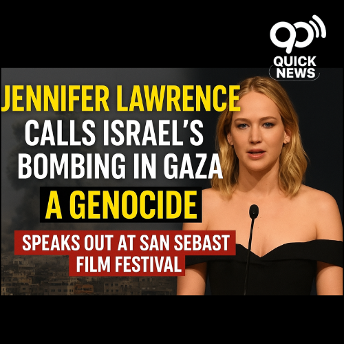 Jennifer Lawrence at San Sebastian Film Festival speaking out, with visuals of Gaza conflict in the background and bold text highlighting her statement calling Israel’s bombing a genocide.