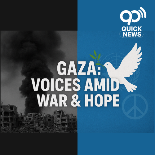 Concept: A split-screen style image with: Left side: Dark smoke rising over destroyed Gaza buildings, showing the harsh reality of war. Right side: A white dove with an olive branch flying over faint UN and peace symbols, representing hope and calls for peace. Bold text overlay (in clean modern font): “Gaza: Voices Amid War & Hope” This combination will instantly catch attention on social media, highlight the seriousness of the crisis, and balance the tragedy with a message of resilience and peace.