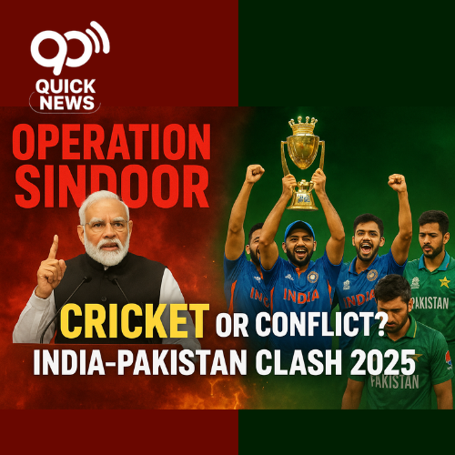 “A dramatic split-screen thumbnail showing PM Modi referencing ‘Operation Sindoor’ on one side and India’s cricket team celebrating Asia Cup victory against Pakistan on the other, symbolizing the clash between sports and politics.”
