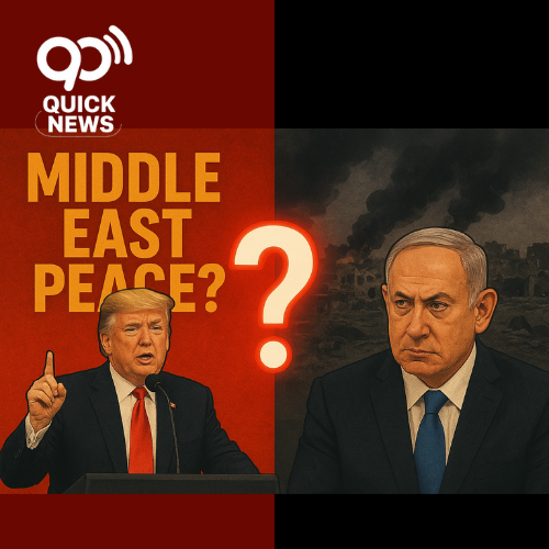 Thumbnail Image Idea: A split-screen graphic — on the left, Donald Trump at a podium with bold text overlay “Middle East Peace?”, and on the right, Benjamin Netanyahu with a tense expression against a faint Gaza backdrop showing destruction and smoke. At the center, a question mark glowing in red and white to symbolize uncertainty.