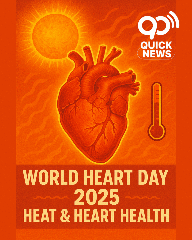 "Digital illustration of a glowing human heart under extreme heat with a blazing sun and heatwave background, highlighting the risks of hot weather on heart health for World Heart Day 2025."