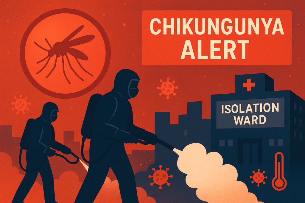 A digital illustration showing two health workers in dark blue protective suits spraying anti-mosquito fog on a city street. A large red mosquito icon appears in the corner, symbolizing danger. A hospital building labeled “Isolation Ward” stands in the background with virus icons and a thermometer graphic around it. The banner text reads “Chikungunya Alert” against a red-orange background, conveying a health warning theme.