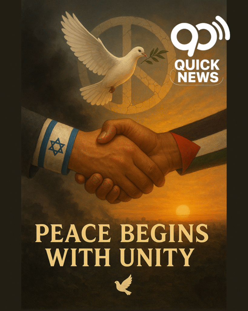 📌 First Phase Ceasefire: Israel & Hamas Strike Deal Amid War in Gaza A symbolic digital illustration showing Israeli and Palestinian hands shaking amid fading smoke turning into a sunrise over Gaza, with a white dove and glowing peace symbol representing hope and unity."
