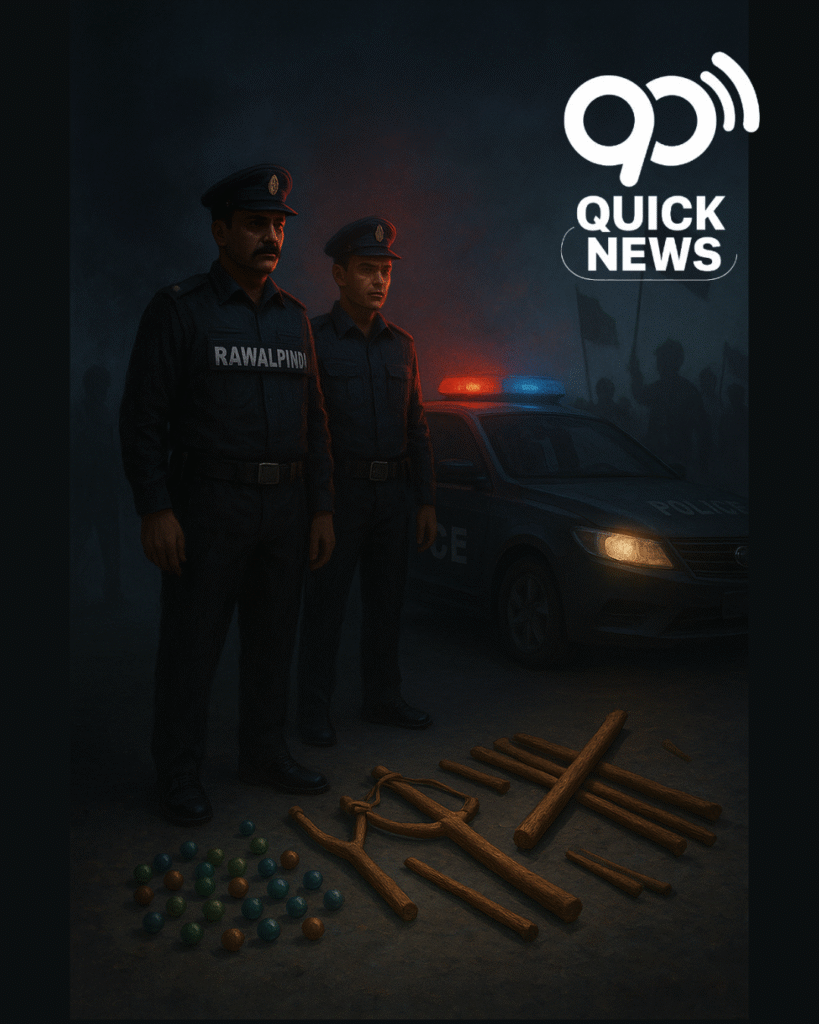 “Rawalpindi Chaklala police arrest two TLP members with marble balls, catapults, and sticks ahead of October 10 protest — anti-terror operation Pakistan news.”