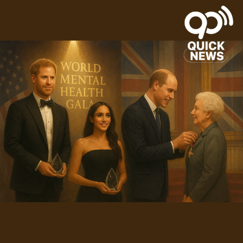 "Prince Harry and Meghan Markle receive Humanitarians of the Year Award in New York while Prince William honors Agnes Slocombe MBE in the UK — a symbolic tribute to royal compassion and mental health advocacy."