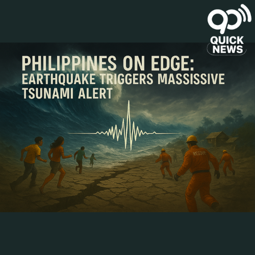 Powerful 7.4-7.5 Earthquake Strikes Southern Philippines, Triggering Tsunami Alerts and Losses “A powerful 7.4 magnitude earthquake hits the southern Philippines, showing cracked land, rising tsunami waves, and people evacuating coastal areas under stormy skies.”