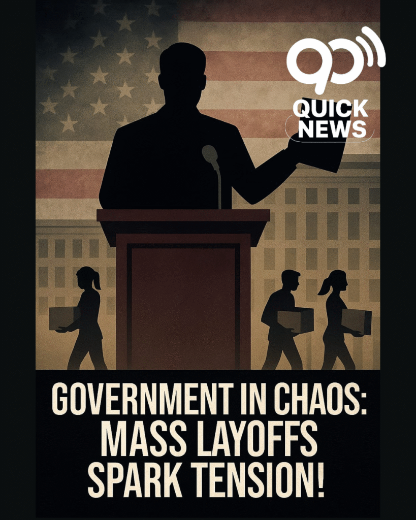 A digital political illustration showing a silhouette of a government leader speaking at a podium, with a faded national flag in the background. In the distance, silhouettes of office workers carry boxes out of a large government building, symbolizing mass layoffs and political unrest. Bold headline text reads “Government in Chaos: Mass Layoffs Spark Tension!” with a dark red and gray color scheme conveying urgency and crisis.