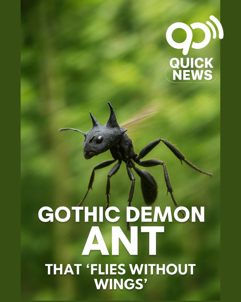 “Gliding ant Cephalotes atratus with spiky horns gliding through tropical rainforest canopy — wingless flying ant species discovered in South America.”