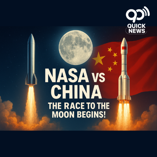 “A digital illustration showing NASA’s SpaceX Starship and China’s lunar rocket launching toward the moon, symbolizing the global race for the next moon landing.”