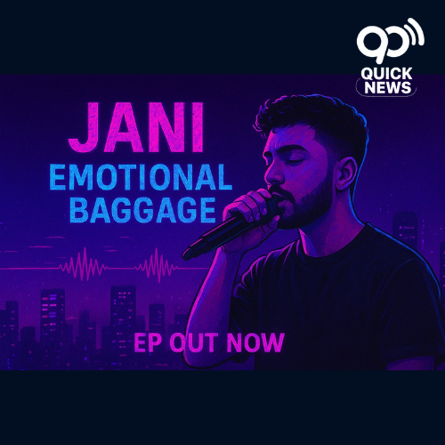 “Karachi rapper Jani performing under neon lights promoting his new EP ‘Emotional Baggage’, symbolizing love, loss, and self-discovery through hip-hop.”