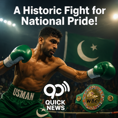Pakistani boxer Usman Wazeer throwing a powerful punch in the boxing ring with the national flag in the background, representing Pakistan’s pride as he defends his WBC Silver Title.