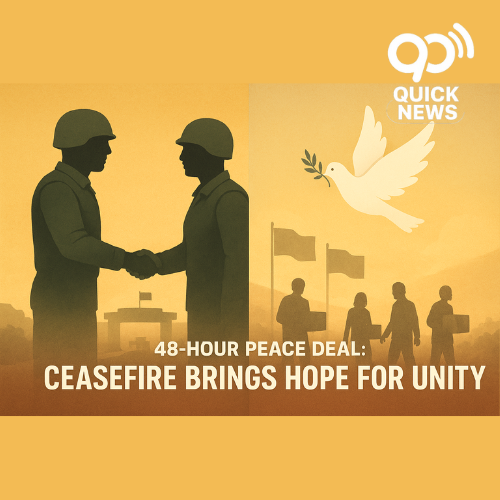 A digital news-style illustration depicting a split scene: on one side, Pakistani and Afghan soldiers shake hands at a calm border crossing, while on the other, China’s flag rises behind a white dove symbolizing peace. Soft sunlight filters through muted tones, representing hope and diplomacy. Bold text reads: “48-Hour Peace Deal: Pakistan & Afghanistan Ceasefire — China Steps In!”