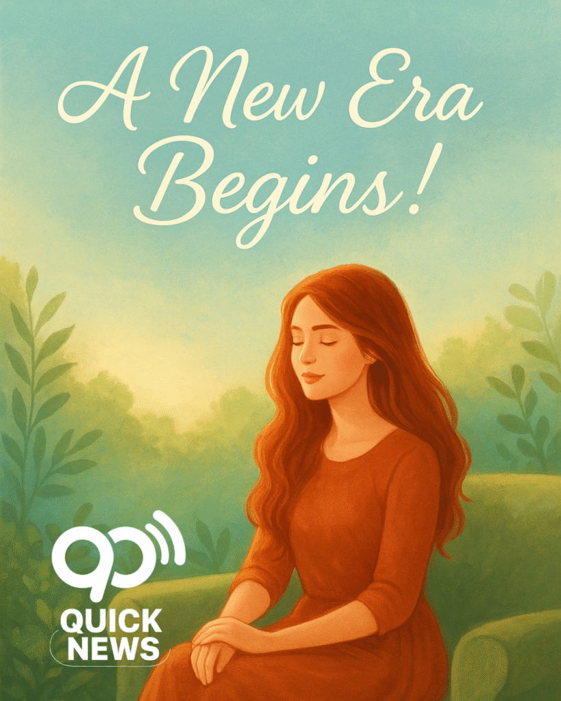 Current image: A serene digital illustration of a young woman with flowing red hair sitting gracefully on a sofa surrounded by soft greenery and warm sunlight. The background features pastel tones of sky blue and soft green, creating a calm and peaceful mood. Elegant cursive text reads “Momina Mustehsan Is Back — A New Era Begins!”