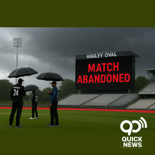 "Rain stops play at Hagley Oval during New Zealand vs England T20 match — players leave the field as heavy rain leads to match abandonment."