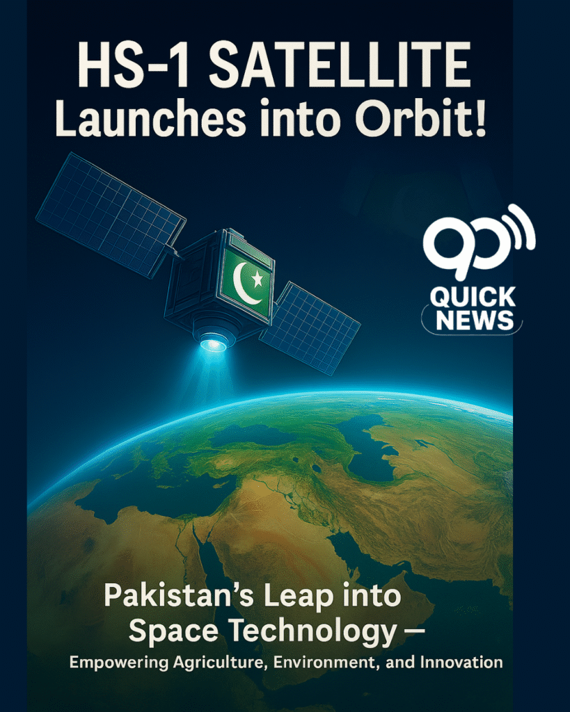 “Pakistan’s first Hyperspectral Satellite HS-1 orbiting Earth — symbolizing breakthrough in space technology, agriculture, and Pak-China collaboration.”