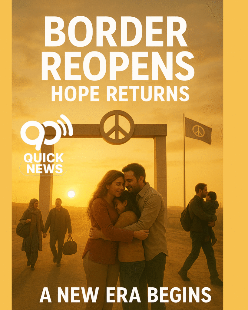 A symbolic sunrise scene at a border crossing where families are reuniting and carrying bags, bathed in warm golden light. Peace symbols glow softly in the sky, representing unity, renewal, and hope as the text “Border Reopens — Hope Returns” appears above.